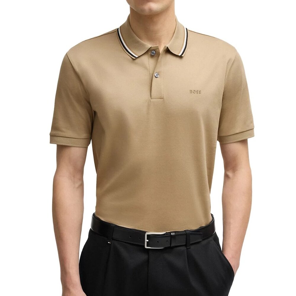 Hugo Boss Men's BOSS Penrose Tipped SS Polo Cotton Logo Shirt Slim Fit Beige 2XL